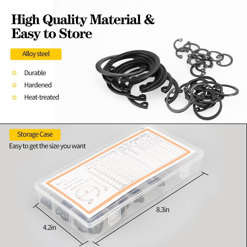 LFSEMINI Snap Ring Shop Assortment, 300pcs Internal Retaining Ring with 4pcs 7" Snap Ring Pliers Set, M8-M36, 15 Different Sizes Alloy Steel Circlip Snap Ring and Internal/External Circlip Pliers Set - Image 5